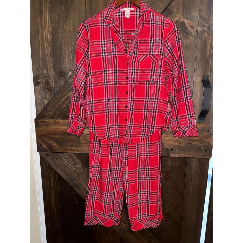 Victoria Secret Women's XS Pajama Set Red‎ Plaid Long Sleeve EUC